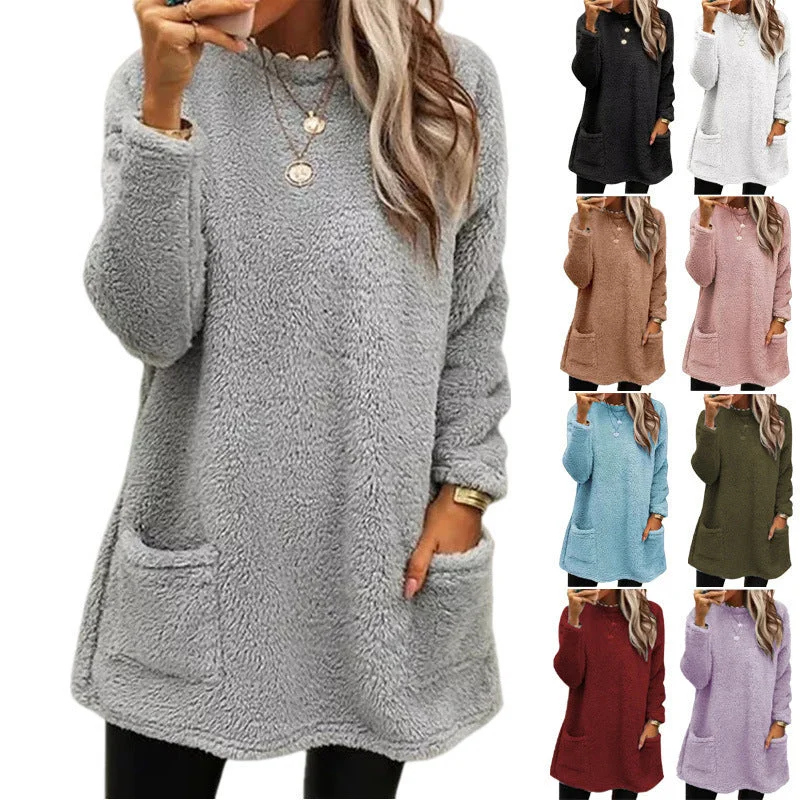 Women's Fleece Pullover Long Sweater With Pockets Winter Warm Casual Long Sleeve Plush Tops Herringbone Houndstooth Plaid Women's Fleece Pullover Long Sweater With Pockets Winter Warm Casual Long Sleeve Plush Tops Herringbone Houndstooth Plaid