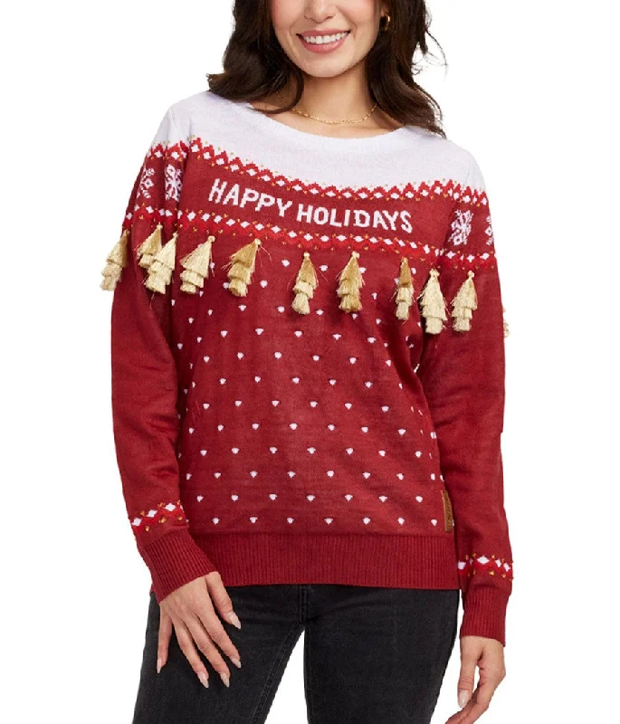 Women's Happy Holidays Tassel Ugly Christmas Sweater Silk Blend Satin Velvet