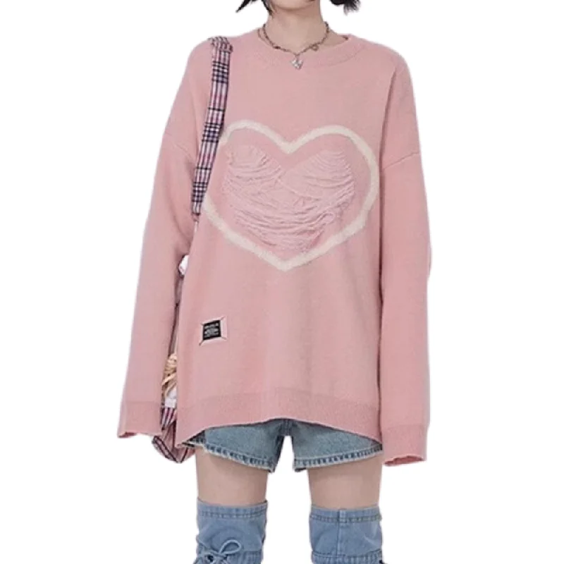Women's Pink Love Solid Sweater Oversized Loose Flowy