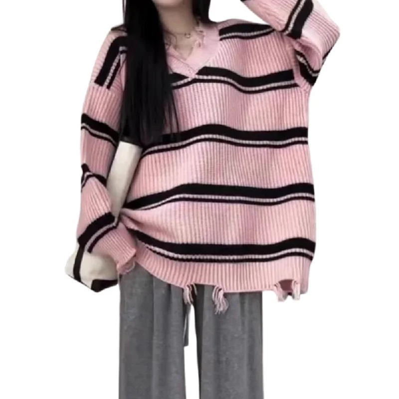 Women's Raw Edge Striped Knitted Sweater Solid Print Embellished