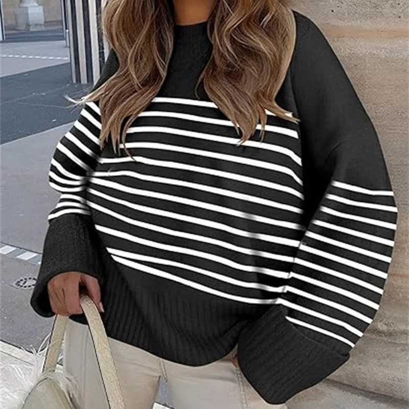 Women's Round-neck Long Sleeve Oversized Plush Knitted Thick Thermal Head Cover Striped Sweater Mesh Blend Leather Blend Suede Blend Women's Round-neck Long Sleeve Oversized Plush Knitted Thick Thermal Head Cover Striped Sweater Mesh Blend Leather Blend Suede Blend