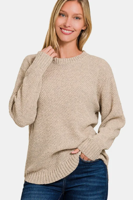 Zenana Ful Size Round Neck Long Sleeve Curved Hem Sweater Seamless Knitted Crochet