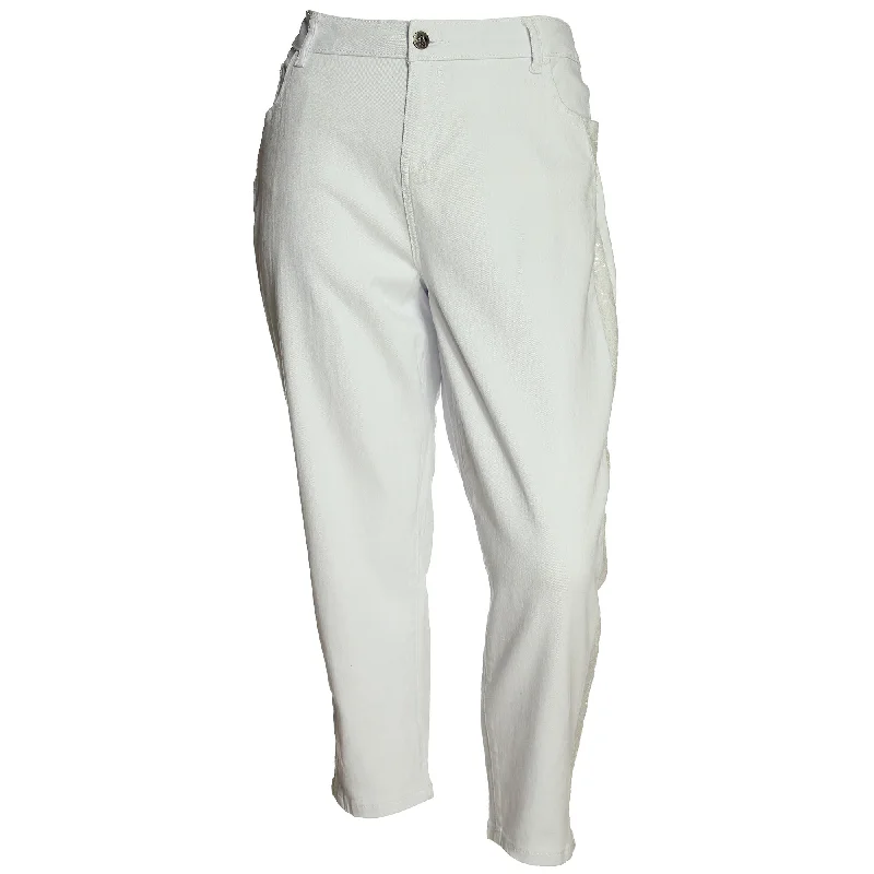 Harmony & Havoc White Sequin Embellished Denim Jeans Stylish Cargo Style Jeans