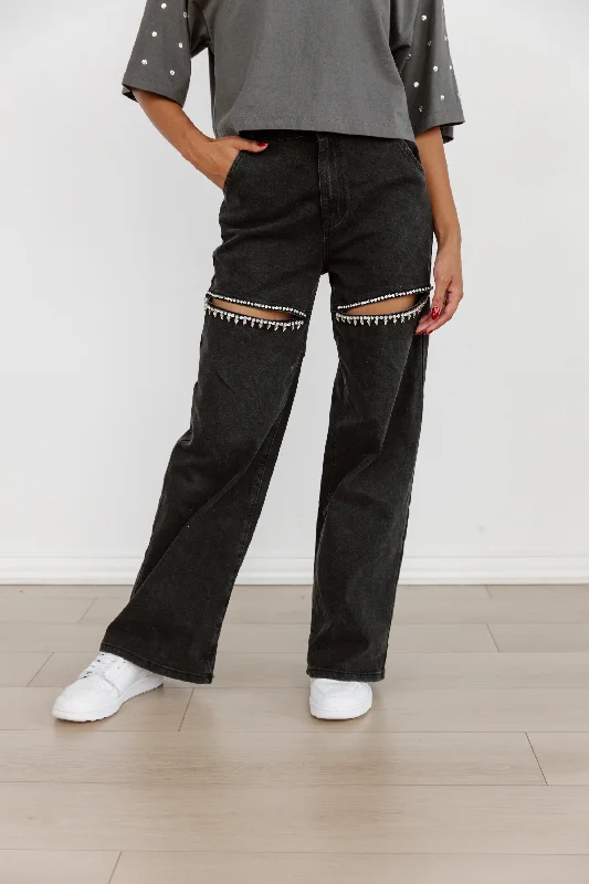 RIPPED TO PERFECTION RHINESTONE JEANS IN BLACK Stylish Plus Size Denim Jeans