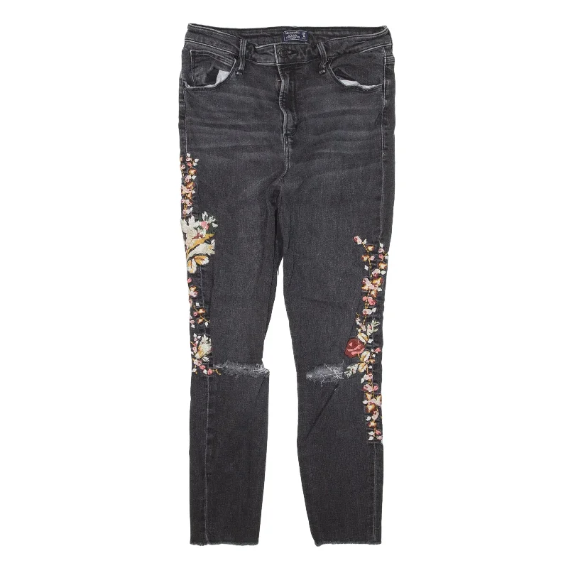 ABERCROMBIE & FITCH Simone Floral Distressed High Rise Jeans Grey Denim Slim Skinny Womens W29 L24 Stylish Stone-Wash Denim Jeans