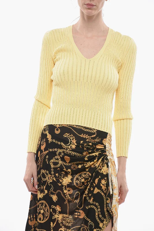 Aeron V-Neck Stretch Fabric Ribbed SHARA Sweater Embroidered Appliqued Beaded