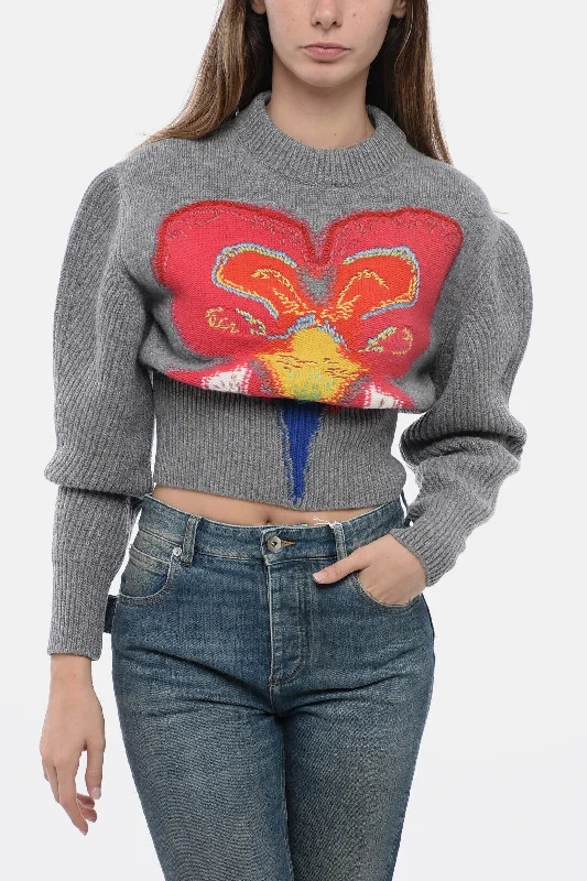 Alexander McQueen Crew Neck Cropped Fit Sweater with Jacquard Pattern Zippered Buttoned Snapped