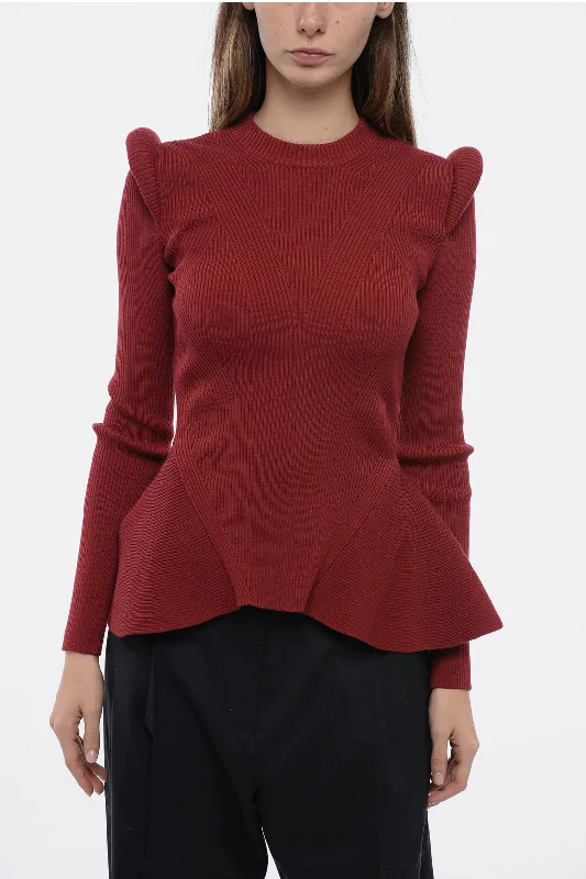 Alexander McQueen Crew Neck Sweater with Padded Shoulders and Peplum Hem Real Fur Shearling Chenille