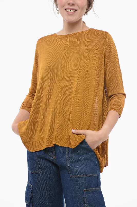 ArchivioB Solid Color Crew-neck Sweater with Side Slits Zippered Buttoned Snapped