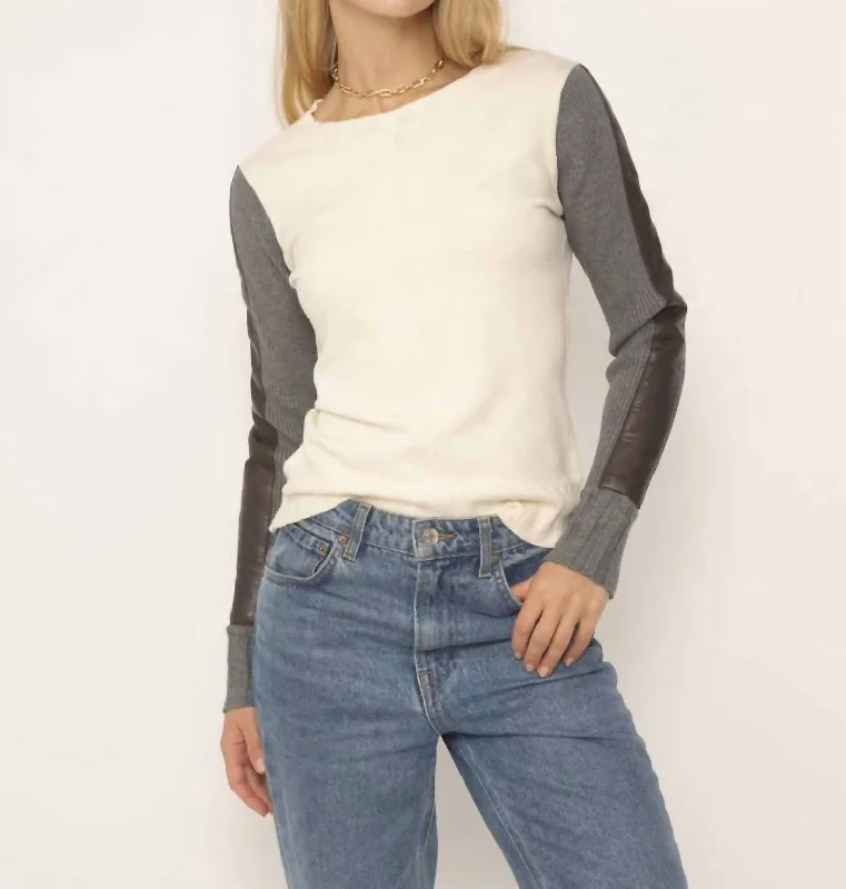 Beatrix Leather Accent Crew Sweater In Neutral Combo Stylish Fashionable Trendy