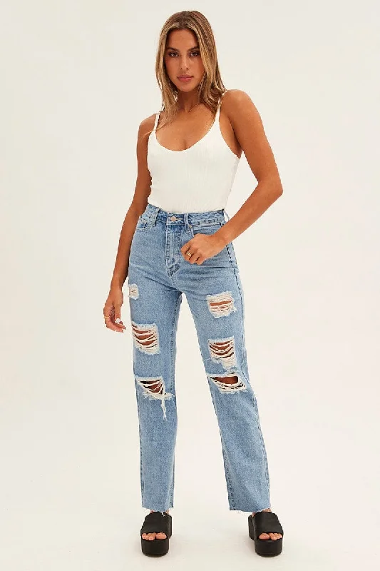 Blue Baggy Denim Jeans High Waist Trendy Colored Denim Jeans