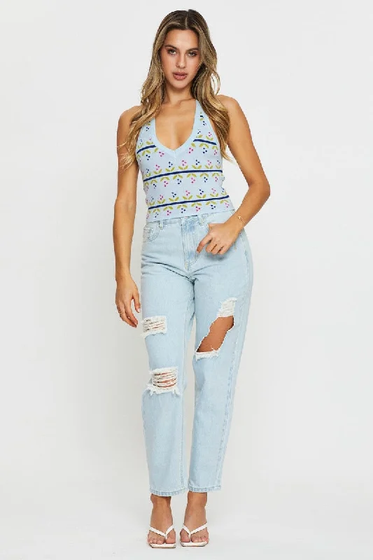 Blue High Rise Jeans Mom Denim Comfortable Boyfriend Jeans