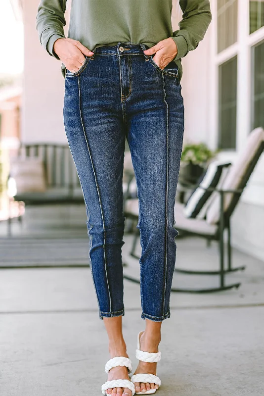 Blue Seamed High Waist Skinny Fit Jeans Casual Wide-Legged Denim Jeans