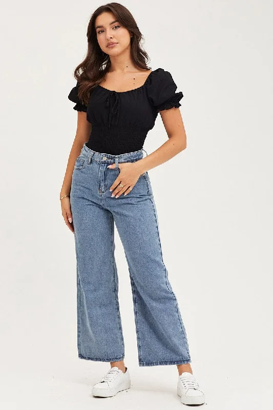 Blue Wide Leg Denim Jeans High Rise Classic Slim Fit Jeans