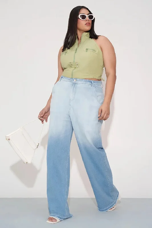 Cerulean Crush Curve Wide Leg Jeans Fashionable Raw Hemmed Jeans