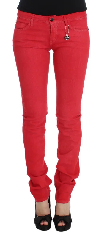 Chic Red Slim Fit Jeans Trendy Vintage Denim Jeans