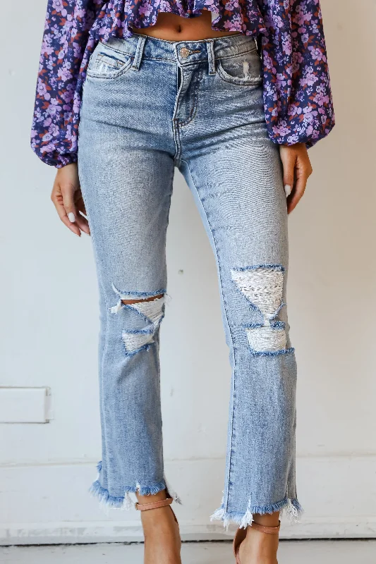 Cindy Light Wash Distressed Crop Flare Jeans Plus Stylish Stone-Wash Denim Jeans