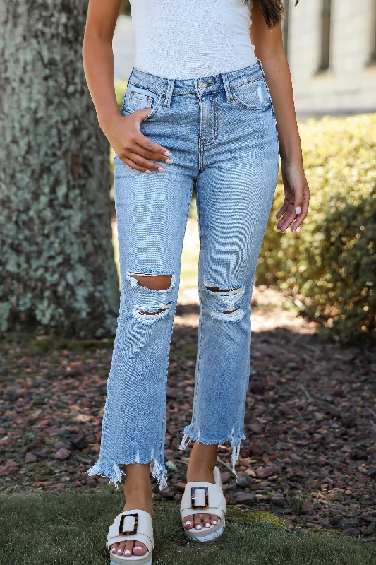 Cindy Light Wash Distressed Crop Flare Jeans Stylish Stone-Wash Denim Jeans