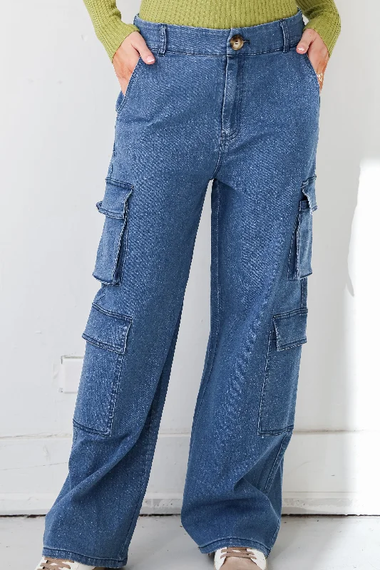 FINAL SALE - Cool Influence Medium Wash Cargo Jeans Trendy Plus Size Jeans