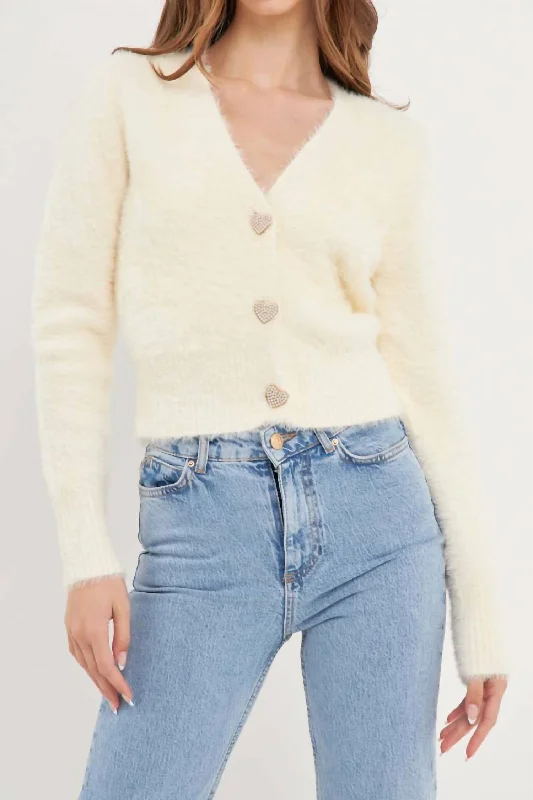 Cora Heart Button Sweater In Cream Lace Blend Ribbed Blend Corduroy Blend