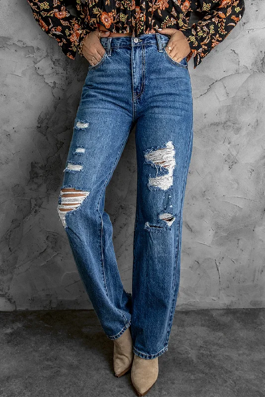 Distressed High Waist Jeans with Pockets Elegant Tapered Leg Denim
