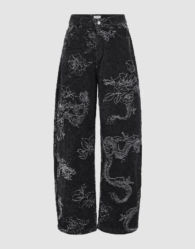 Dragon Printed Carrot Fit Jeans Casual Distressed Denim Jeans