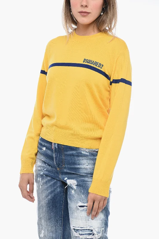 Dsquared2 Crew Neck Virgin Wool Sweater with Embroidered Logo Fitted Loose Oversized