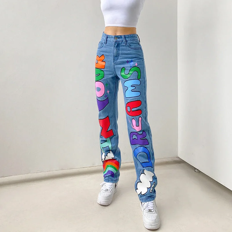 DressBetty - High Waist Print Graffiti Jeans Comfortable Faded High-Rise Jeans