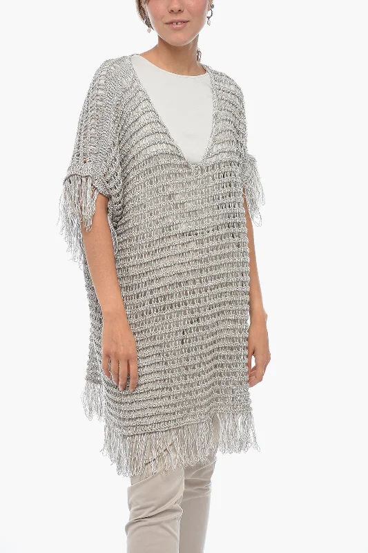 Fabiana Filippi Short-sleeved Flax Blend Crochet Sweater with Fringes Satin Blend Silk Blend Wool Blend