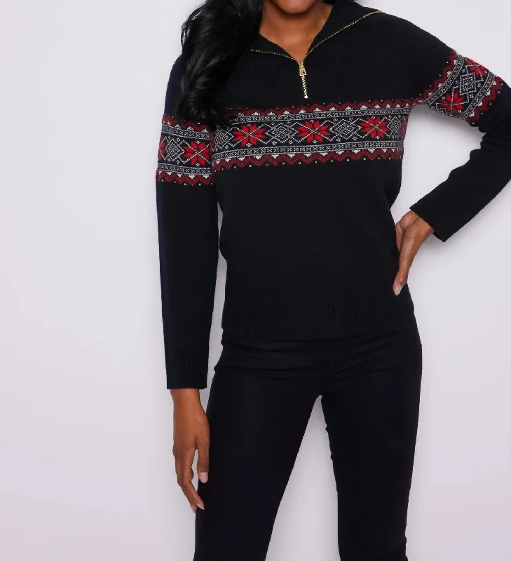 Fairisle Zip Sweater In Black Polka Dot Checkered Tartan