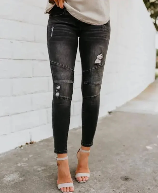 FZ Women's Ruched Distressed Pencil Denim Jeans Comfortable Stretch Denim Jeans