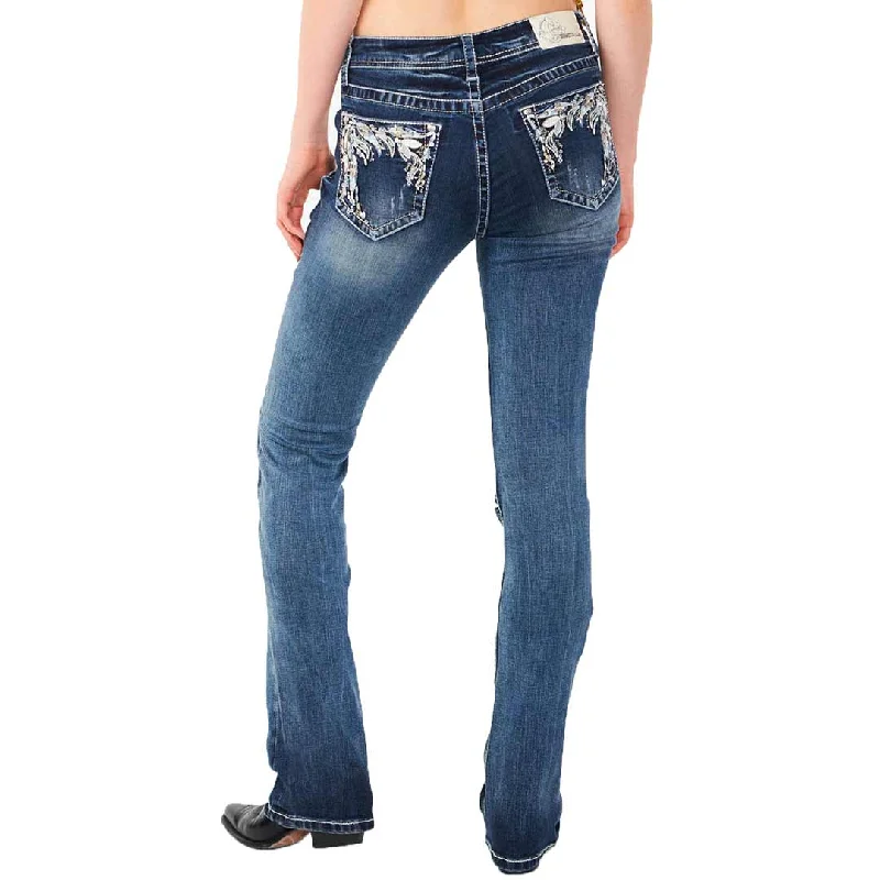 Grace in LA Women's Abstract Dreamcatcher Bootcut Jeans Trendy Skinny Fit Jeans