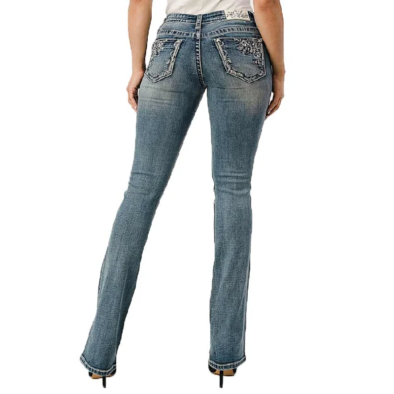 Grace in LA Women's Floral Embellished Bootcut Jeans Trendy Wide-Leg High-Waist Denim Grace in LA Women's Floral Embellished Bootcut Jeans Trendy Wide-Leg High-Waist Denim