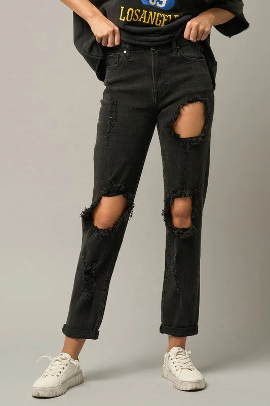 High Waist Destroyed Black Jeans Fashionable Raw Edge Jeans