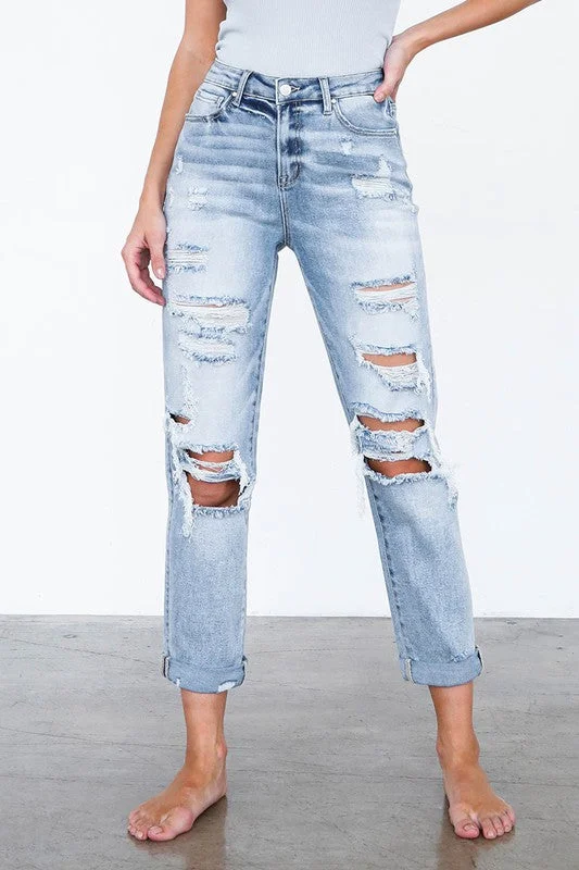 High Waist Destroyed Girlfriend Jeans Stylish Acid-Wash Jeans