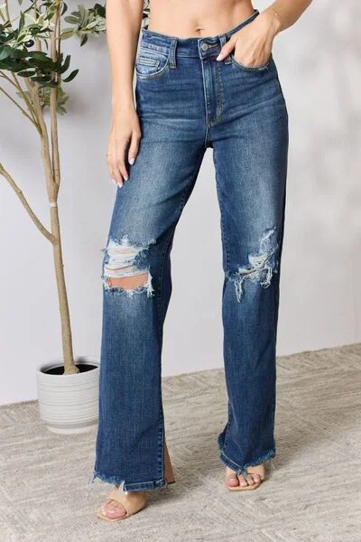 Judy Blue Full Size High Waist 90's Distressed Straight Ladies Jeans Stylish Paperbag Waist Denim Judy Blue Full Size High Waist 90's Distressed Straight Ladies Jeans Stylish Paperbag Waist Denim