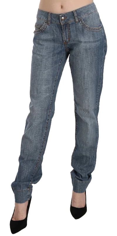 Just Cavalli Chic Blue Washed Slim Fit Denim Jeans Trendy Pleated Waist Jeans