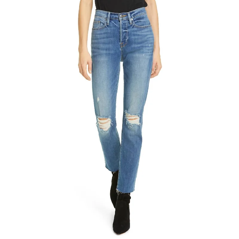 Le Beau Ankle Straight Leg Boyfriend Jeans In Cleo Rips Comfortable Zip-Up Skinny Jeans