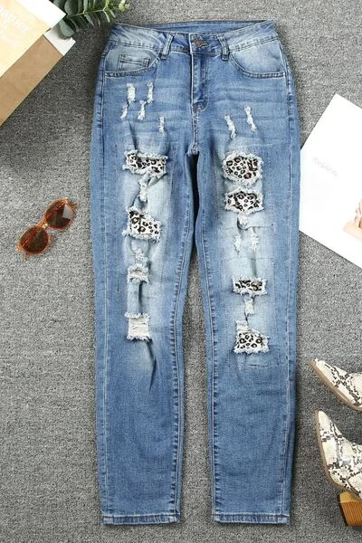 Leopard Distressed Pocketed Straight Jeans Comfortable Stretch Fit Jeans