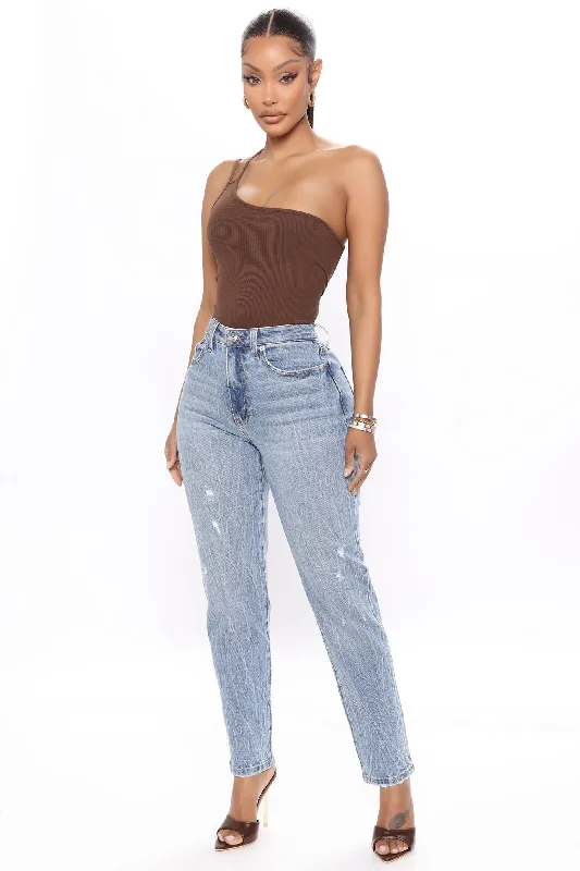 Made Ya Look Mom Jeans - Light Blue Wash Comfortable Folded Hem Jeans