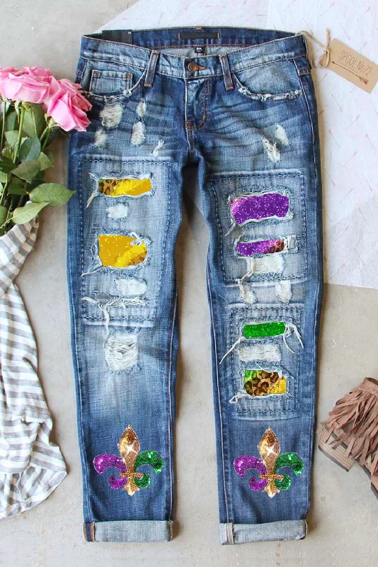 Mardi Gras Sequin Distressed Straight Jeans Fashionable Vintage Wash Jeans