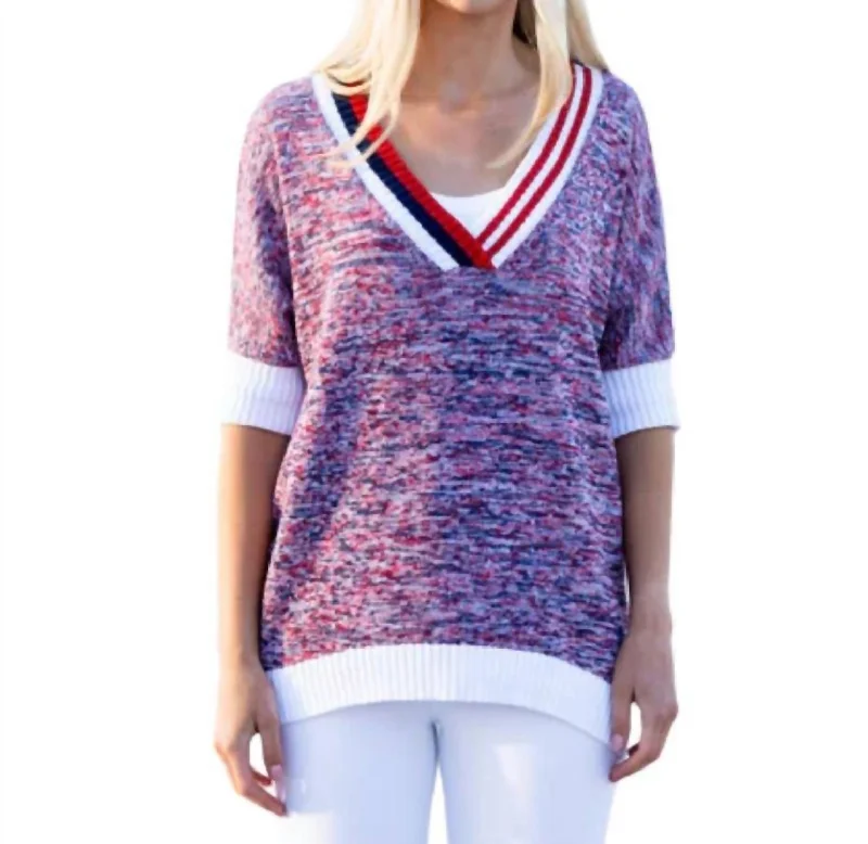 Marled V-Neck Elbow Sleeve Sweater In Red/white/navy Fleece Sweater Nylon Polyester