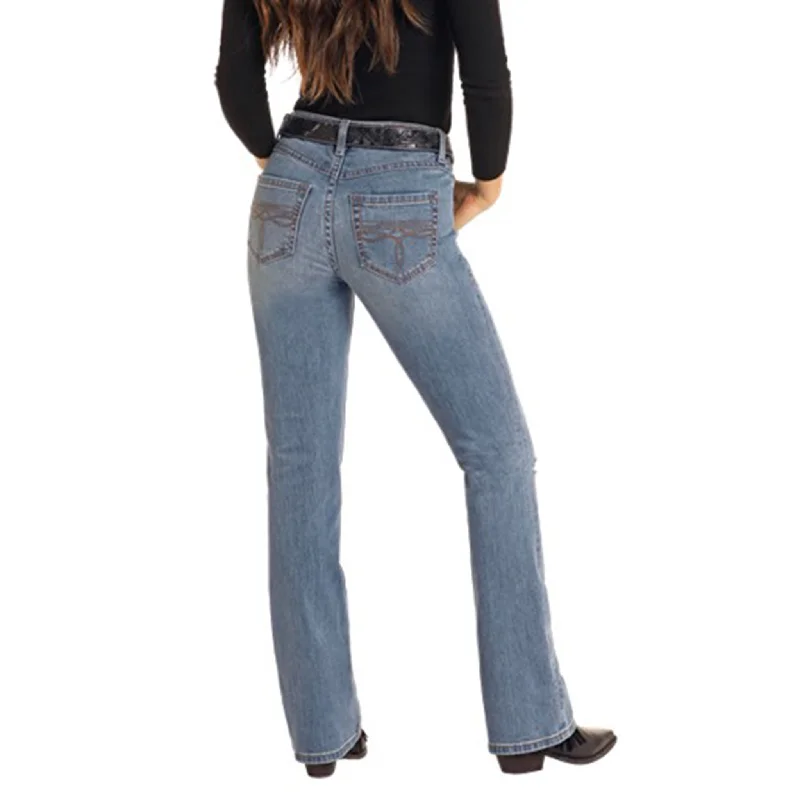 Rock & Roll Women's Med Wash Distressed Boot Cut Jeans Fashionable Raw Hem Bootcut Jeans Rock & Roll Women's Med Wash Distressed Boot Cut Jeans Fashionable Raw Hem Bootcut Jeans