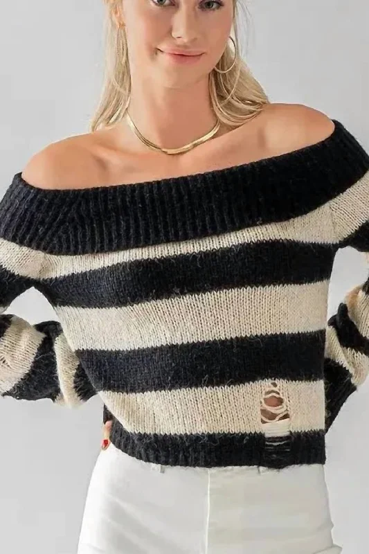 Mia Striped Sweater In Blue/white Solid Print Embellished