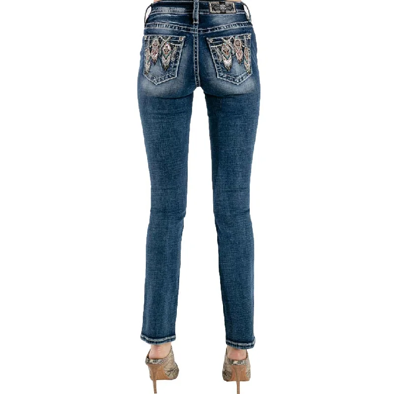 Miss Me Women's Aztec Feather Straight Leg Jeans Comfortable Mid-Rise Jeans