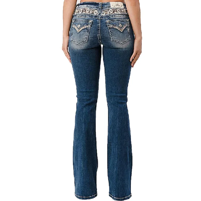 Miss Me Women's Embroidered Yoke Bootcut Jeans Casual Light Wash Jeans