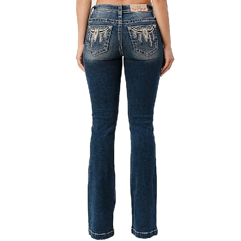 Miss Me Women's Feather Steer Head Bootcut Jeans Comfortable Folded Hem Jeans