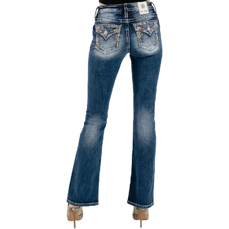 Miss Me Women's Floral Border Bootcut Jeans Stylish Plus Size Denim Jeans