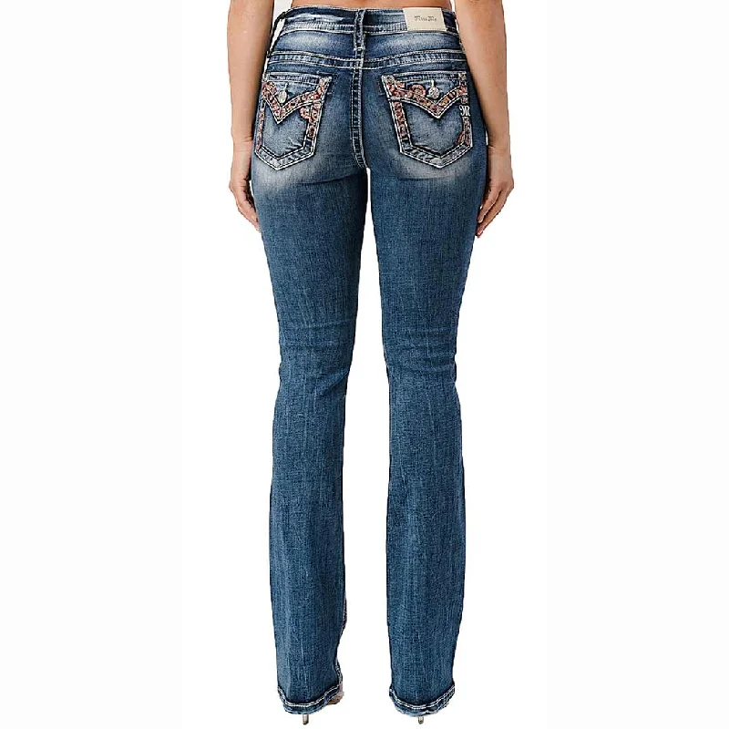 Miss Me Women's Floral Embroidered  Bootcut Jeans Classic Blue Denim Jeans