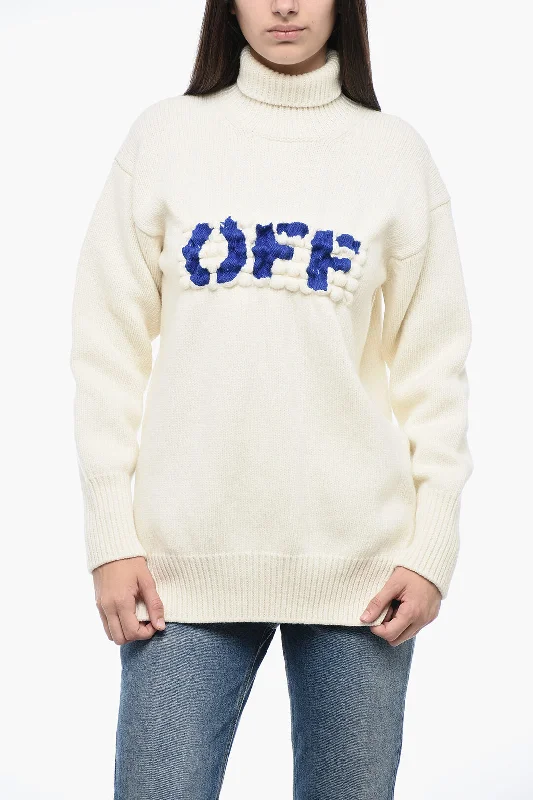 Off-White Embroidered Logo BOILED Turtle Neck Sweater Anti-Pilling Anti-Shrink Durable